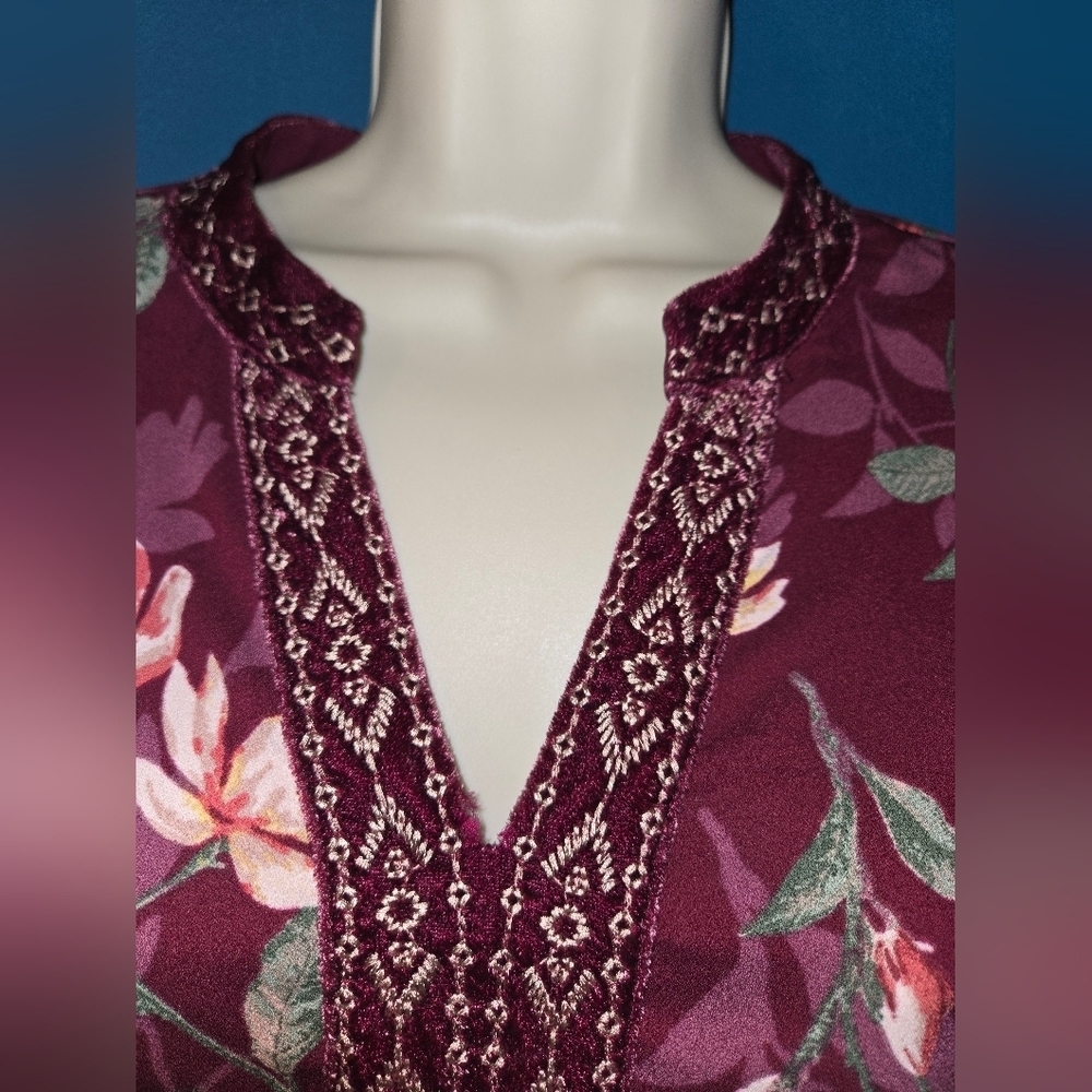Burgundy Bishop Sleeve Floral Blouse with velvet accents, Size Small - Picture 2 of 14